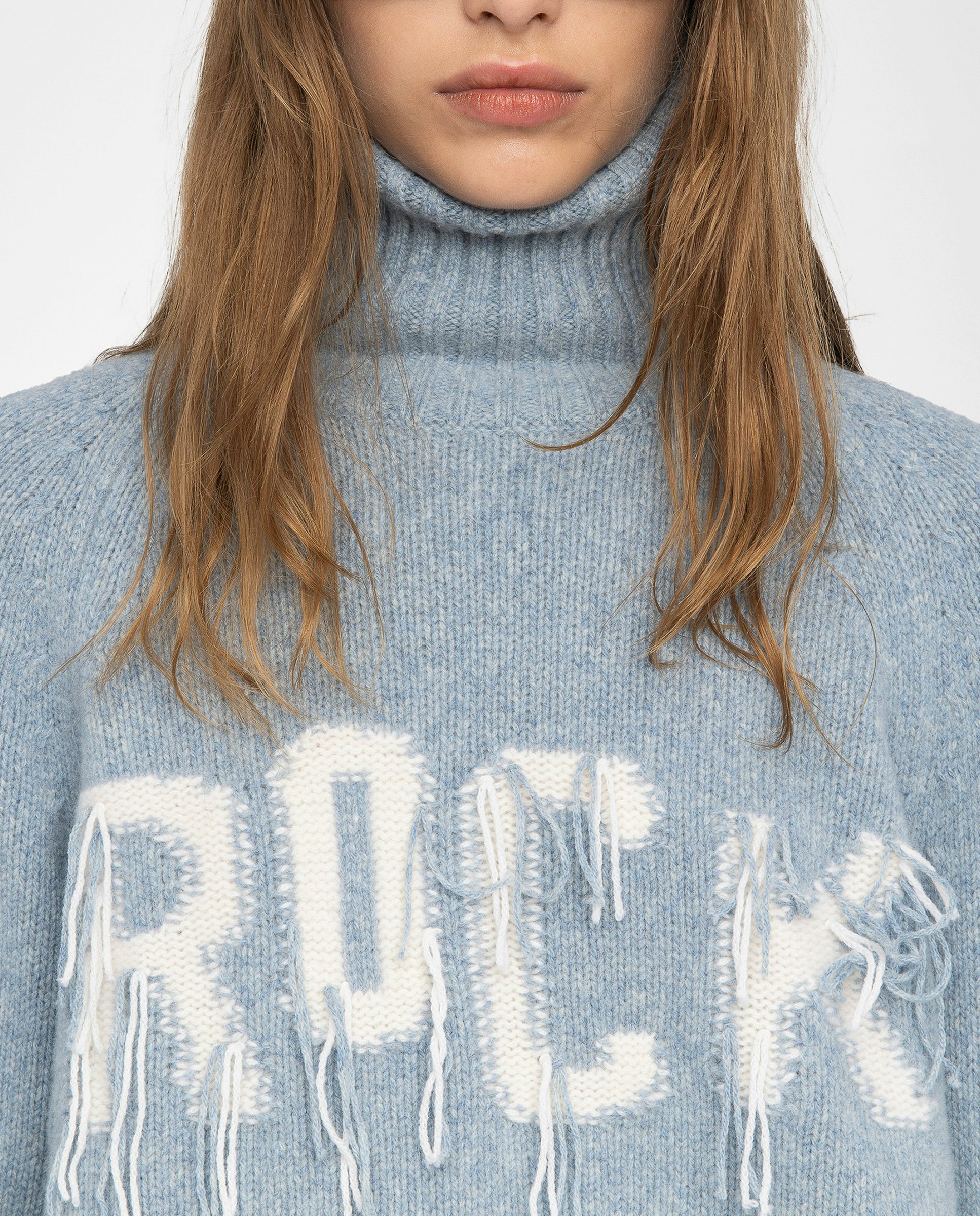 Mora Wool Rock Sweater - High neck sweater with love embroidery on front.
